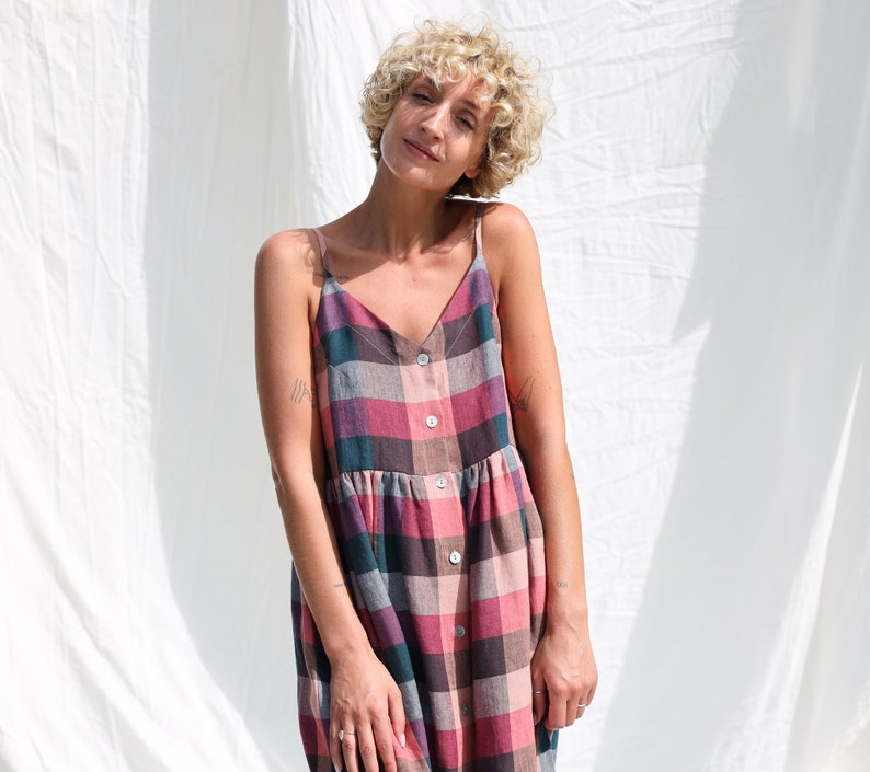 Adjustable straps checks linen dress ELOISE / OFFON Clothing image 4