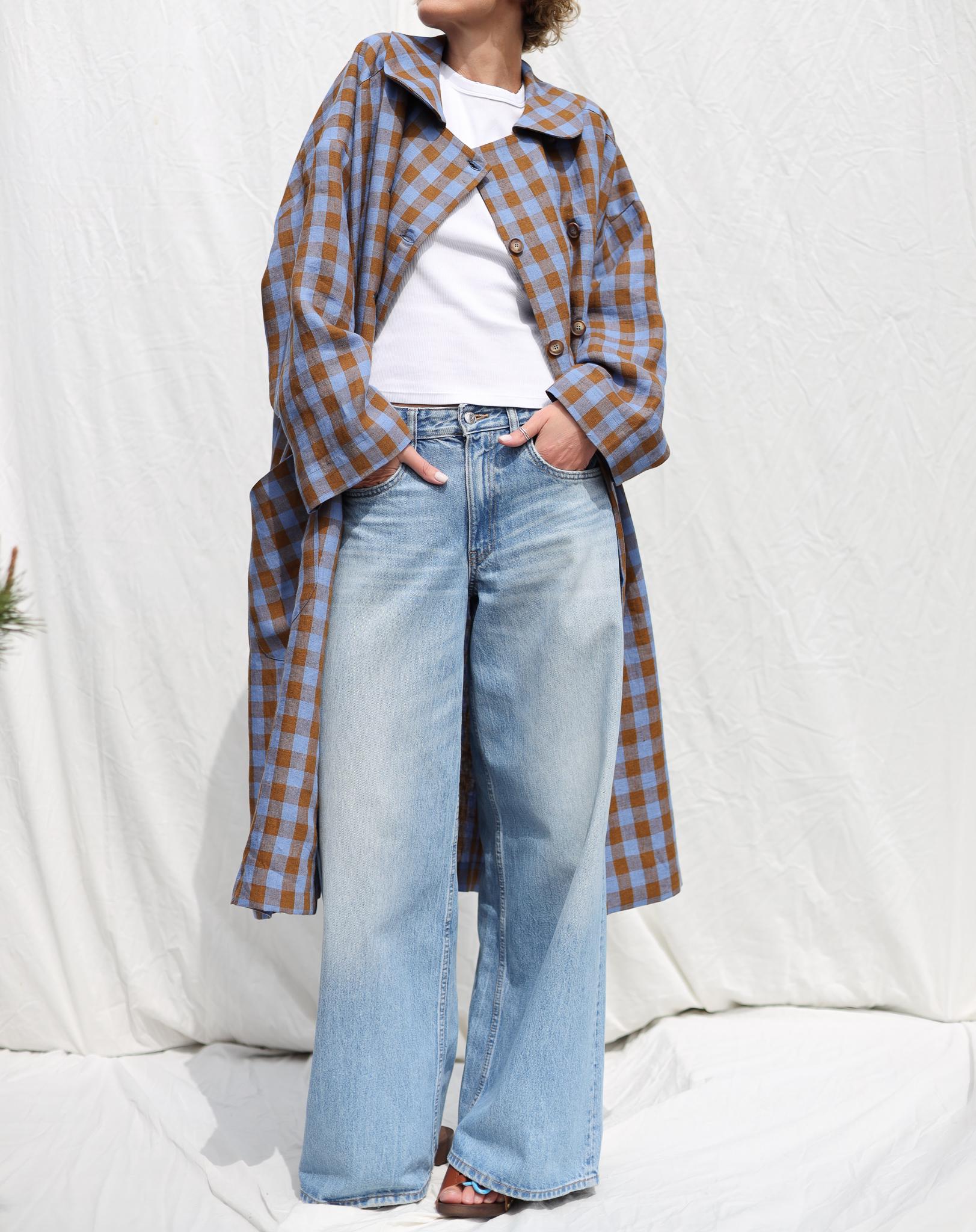 Linen oversized coat in blue bonnet checks / Double breasted linen overcoat / OFFON CLOTHING