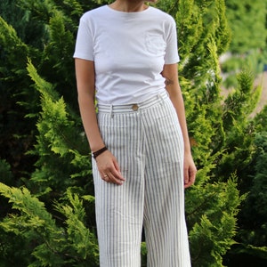 Ready to ship/Striped Linen High Waist Women Culottes / Wide Leg Linen Pants / OFFON CLOTHING