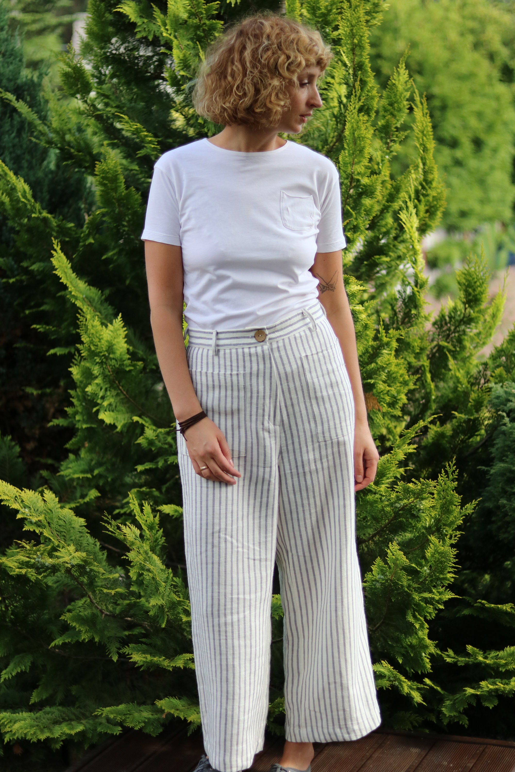 Ready to Ship/striped Linen High Waist 