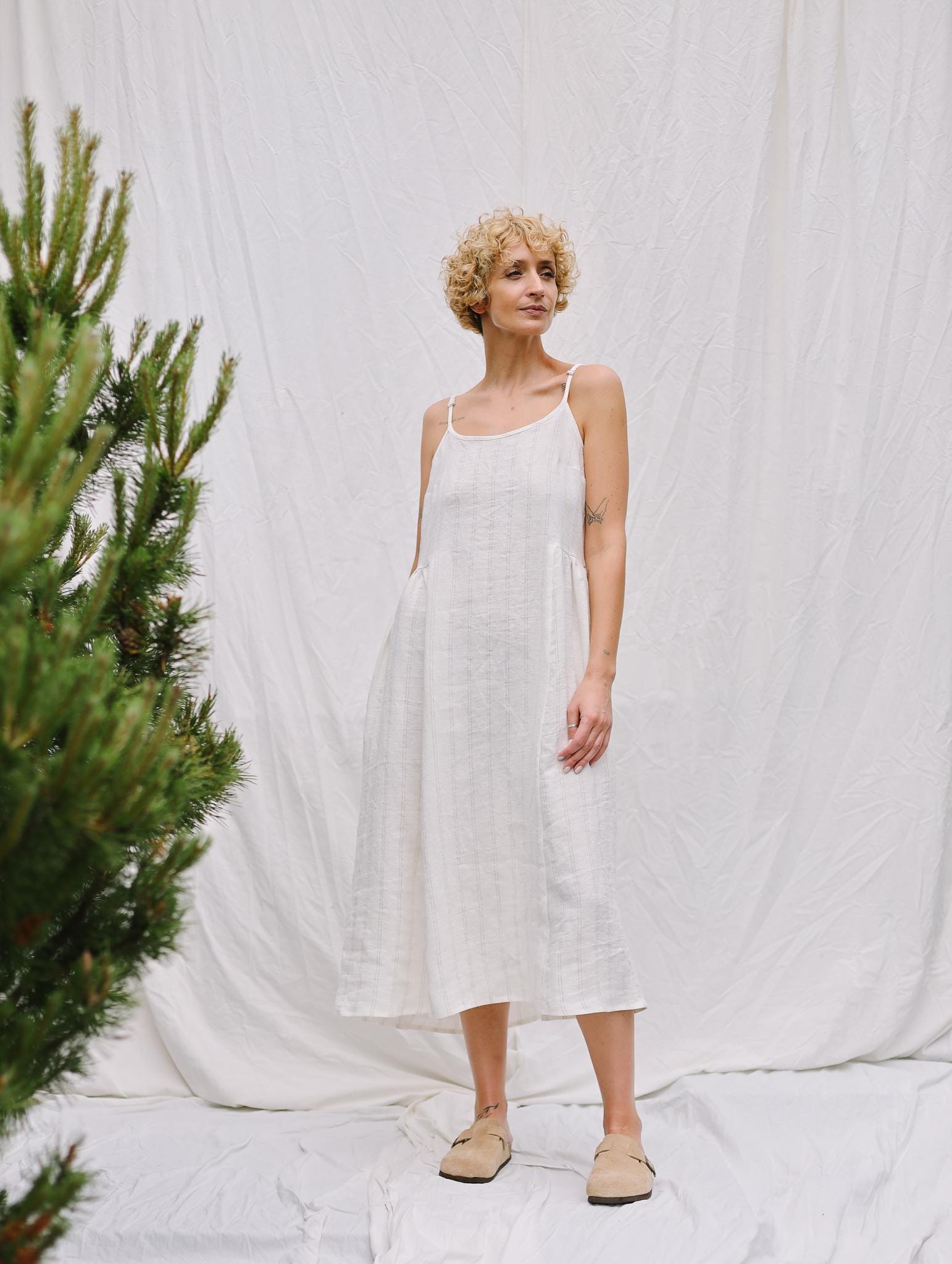 Sleeveless White Striped Linen Slip Dress Offon Clothing