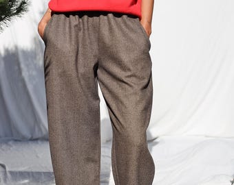 Brown Herringbone Wool-Blend Balloon Style Trousers VIVIAN • High Waist Barrel Leg Wool Pants Women • Winter Warm Pants With Pockets
