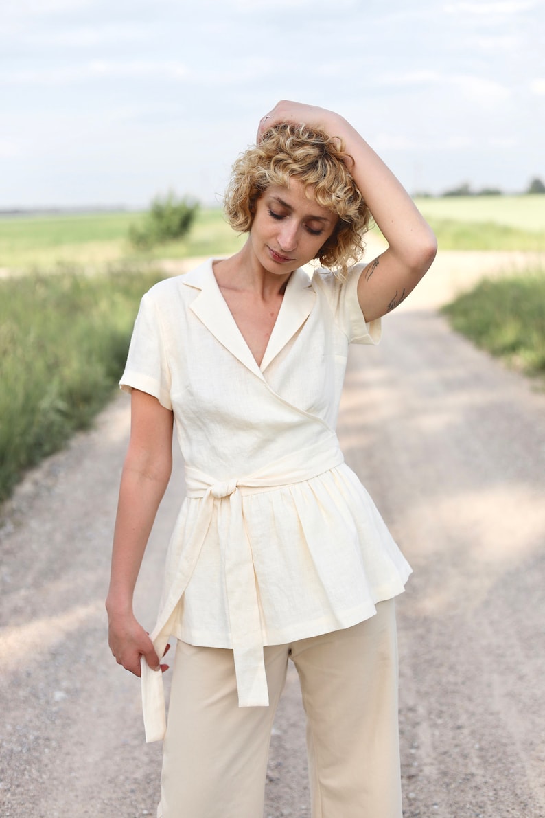 Linen Wrap Ruffle Blouse / OFFON CLOTHING | Etsy