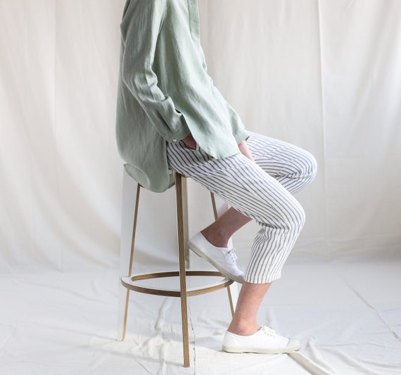 Cropped Linen Pants in Stripes / Linen Trousers / Classic Women Linen Pants  / OFFON CLOTHING -  Canada