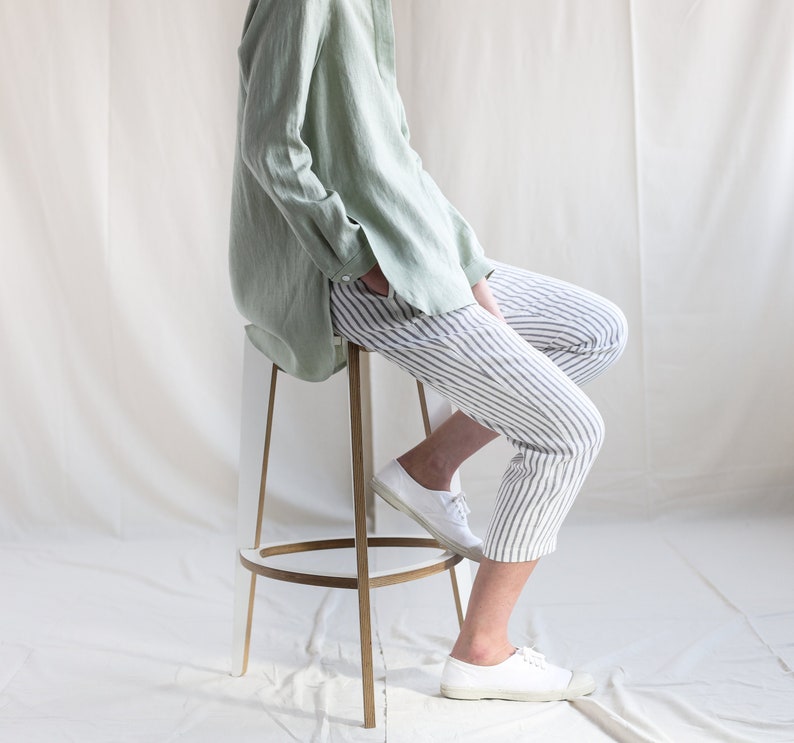 Linen cropped leg trousers in stripes. Handmade by OFFON Clothing