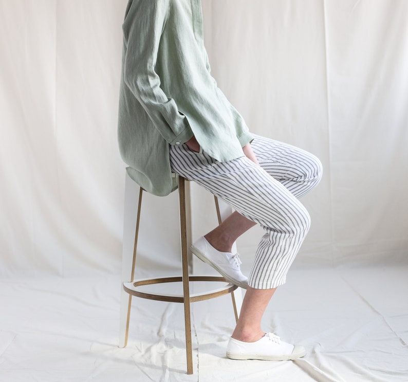Linen cropped leg trousers in stripes. Handmade by OFFON image 1