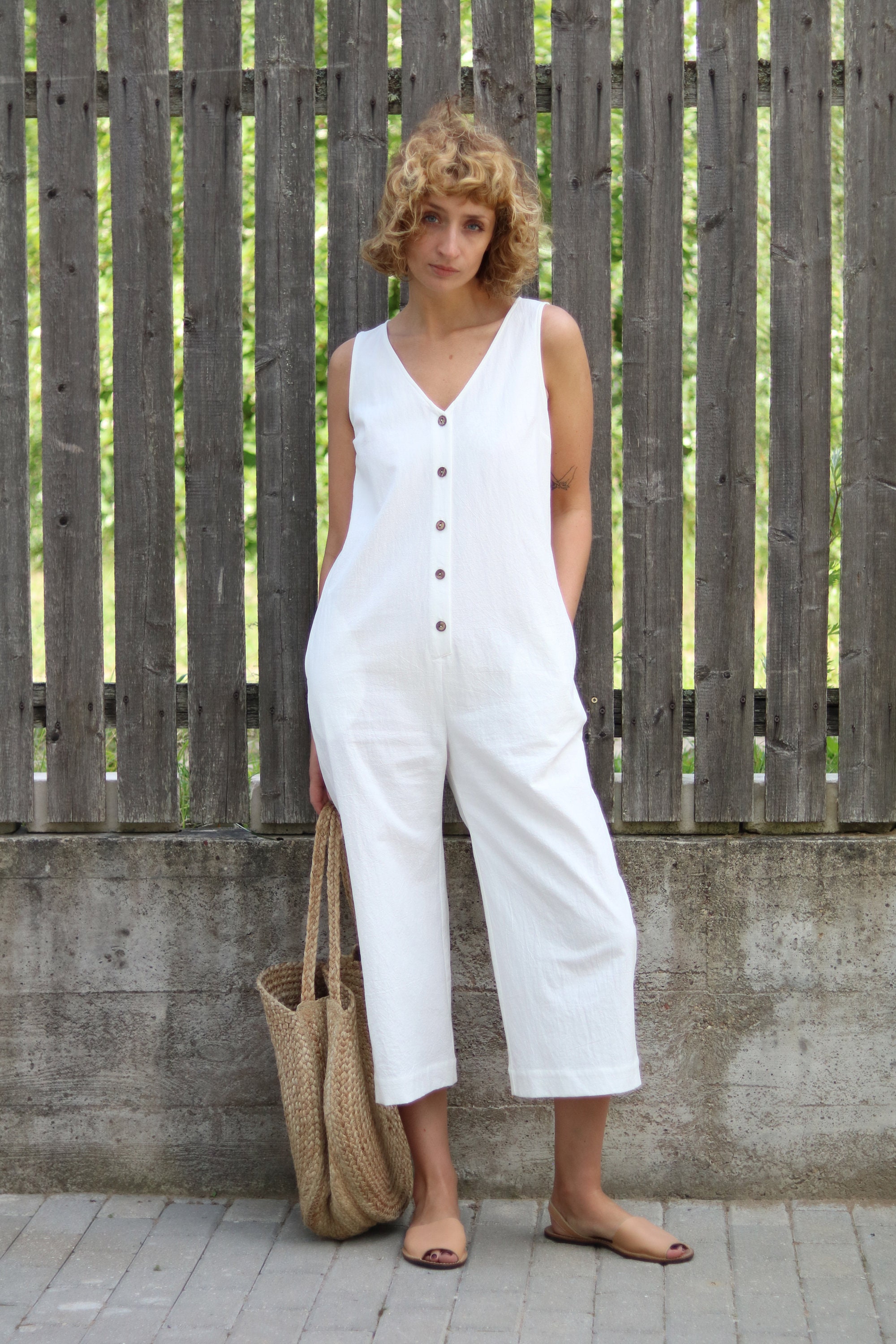 White Cotton Summer Jumpsuit / Sleeveless V-Neck Overall / Handmade by Offon Clothing