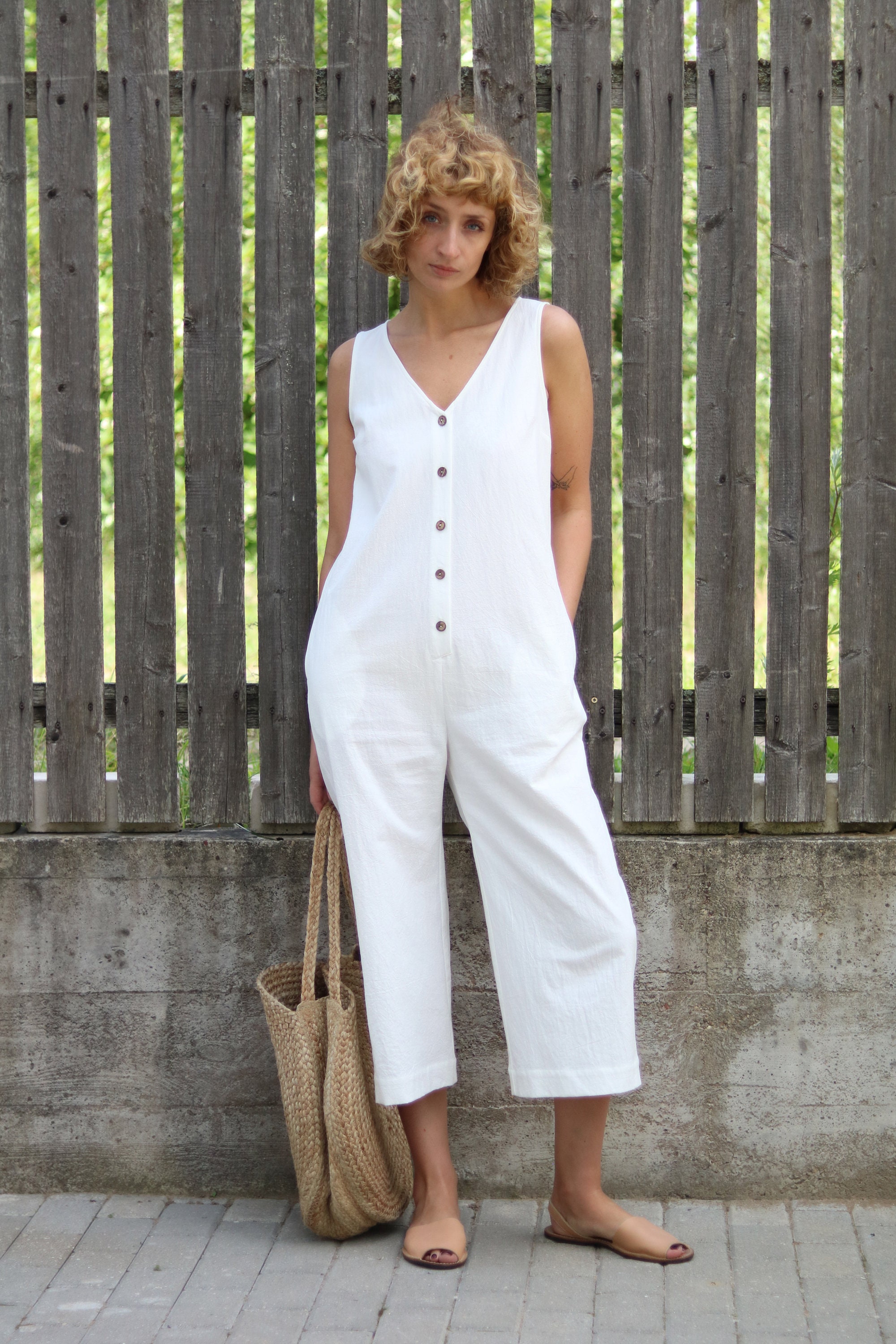 White Cotton Summer Jumpsuit / Sleeveless V-neck Overall / Handmade by  OFFON Clothing -  Canada