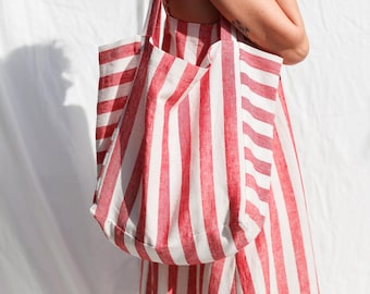 Striped Linen Tote Bag / Handmade by OFFON