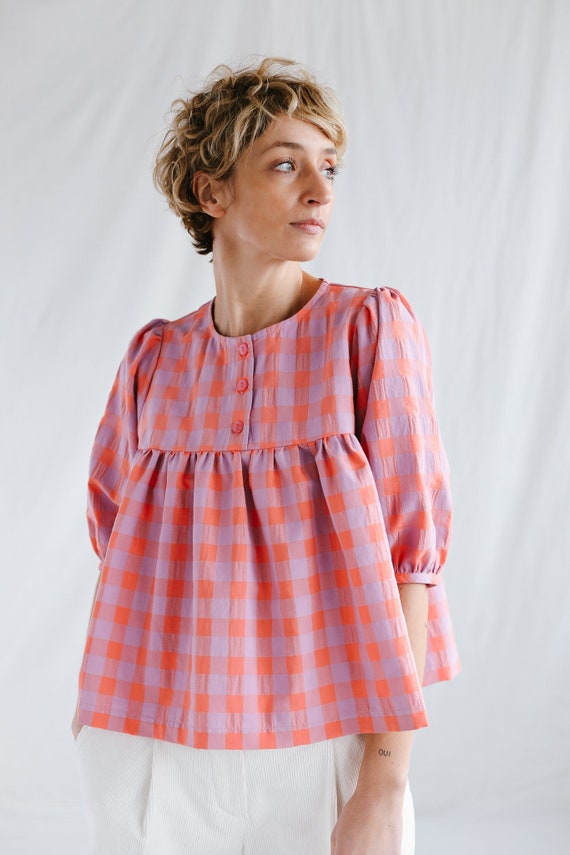 Seersucker Checks Puffy Sleeve Blouse • OFFON CLOTHING - Etsy