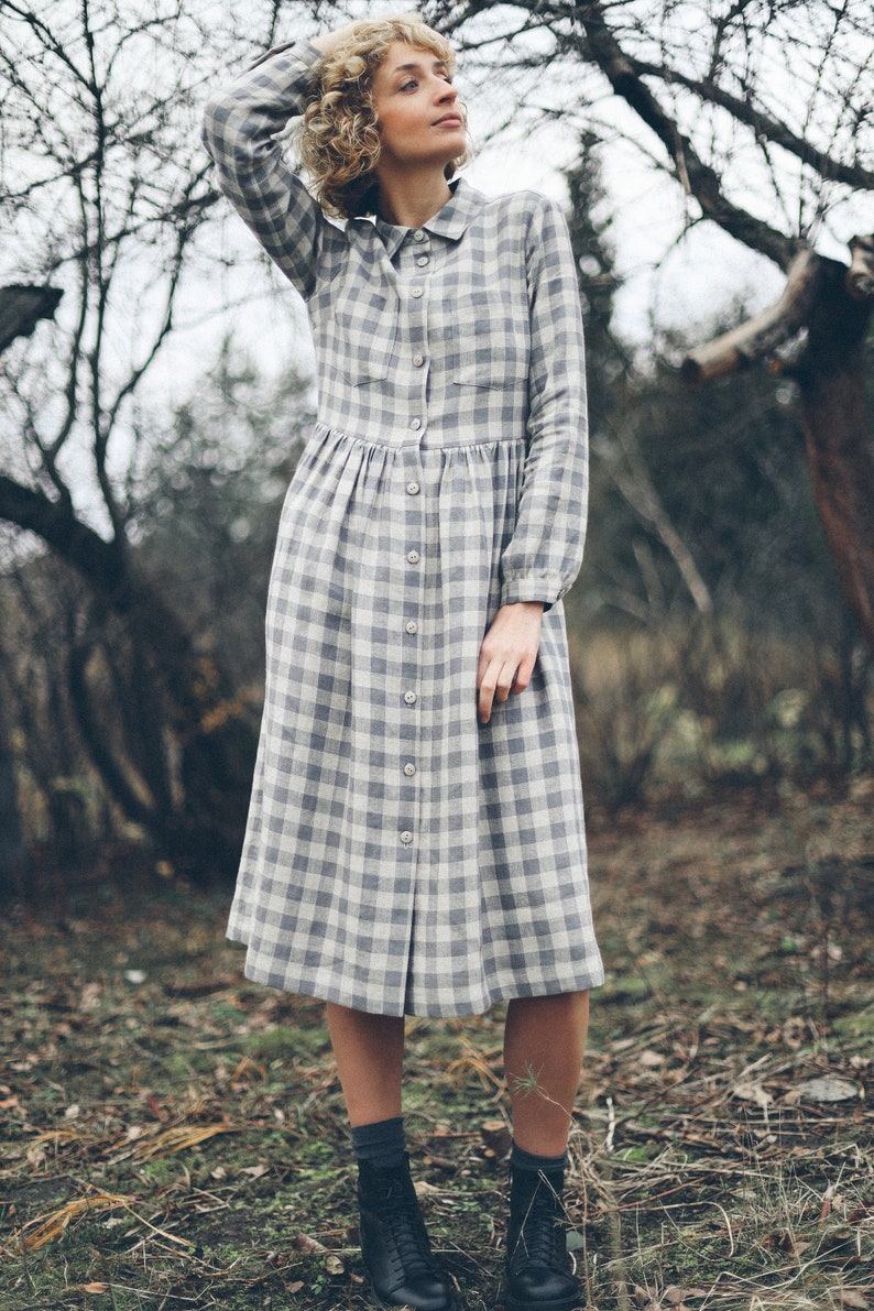 Linen checkered dress / Linen button up MIDI dress / OFFON CLOTHING