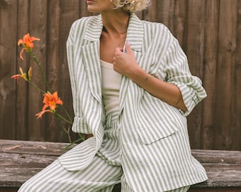 Women's Oversized Striped Linen Blazer with Notch Lapels • OFFON CLOTHING