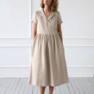Ready to ship/Linen wrap dress/Belted linen short sleeve dress/OFFON CLOTHING image 7