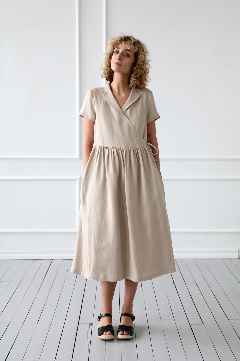 Ready to ship/Linen wrap dress/Belted linen short sleeve dress/OFFON CLOTHING image 7