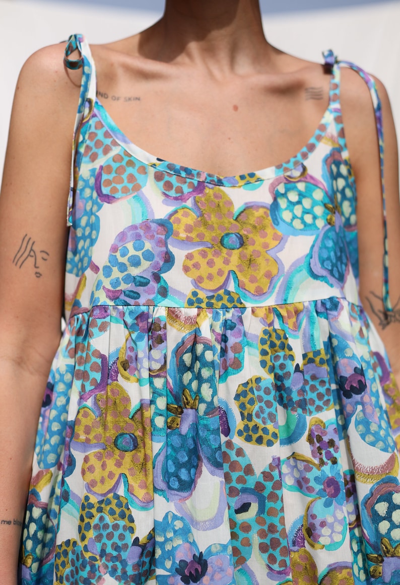 Loose tie strap sundress in floral silky cotton Handmade by OFFON Clothing image 9