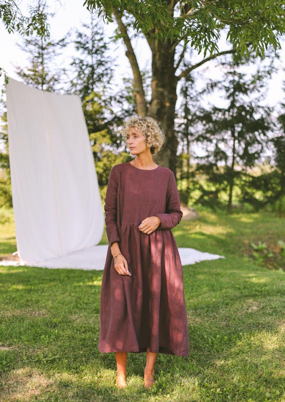 Heavy Burgundy Linen Smock Dress MILANA * OFFON CLOTHING