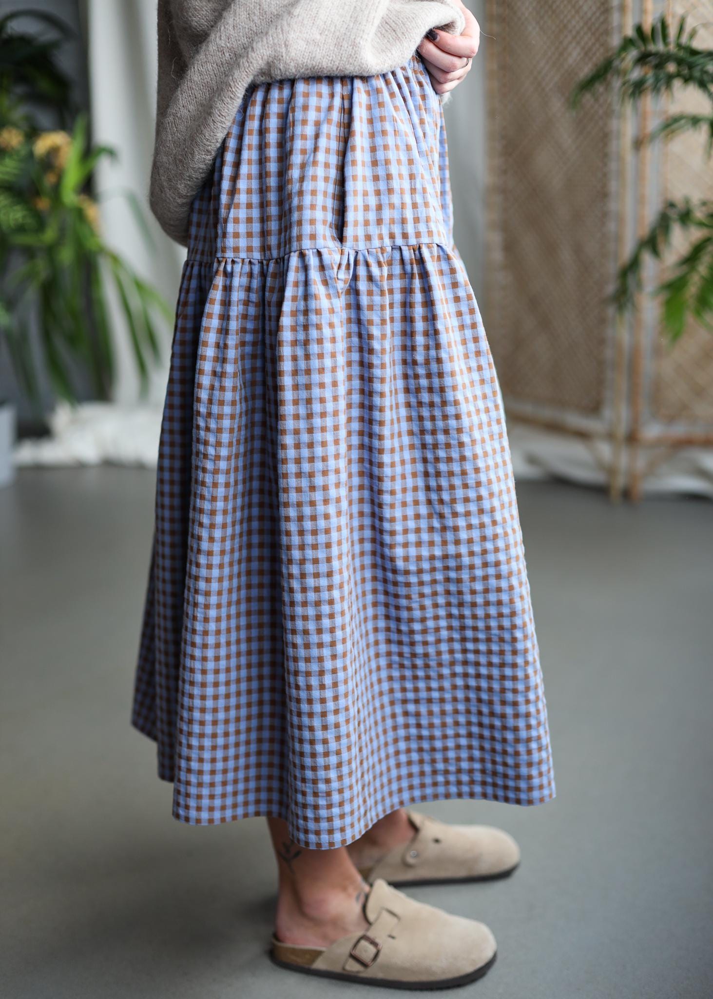 Seersucker Check Elasticated Waist Midi Skirt • OFFON