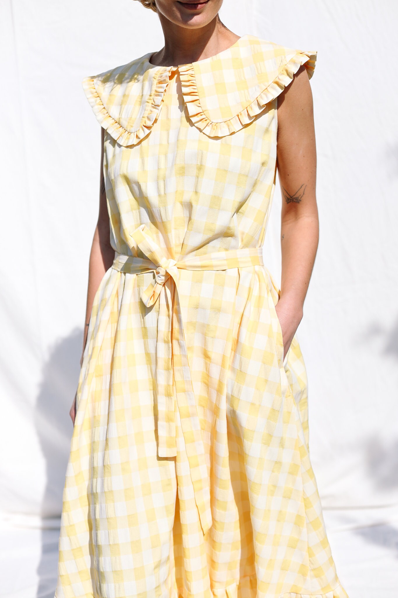 Collared Sleeveless Dress in Yellow Seersucker Checks PHOEBE