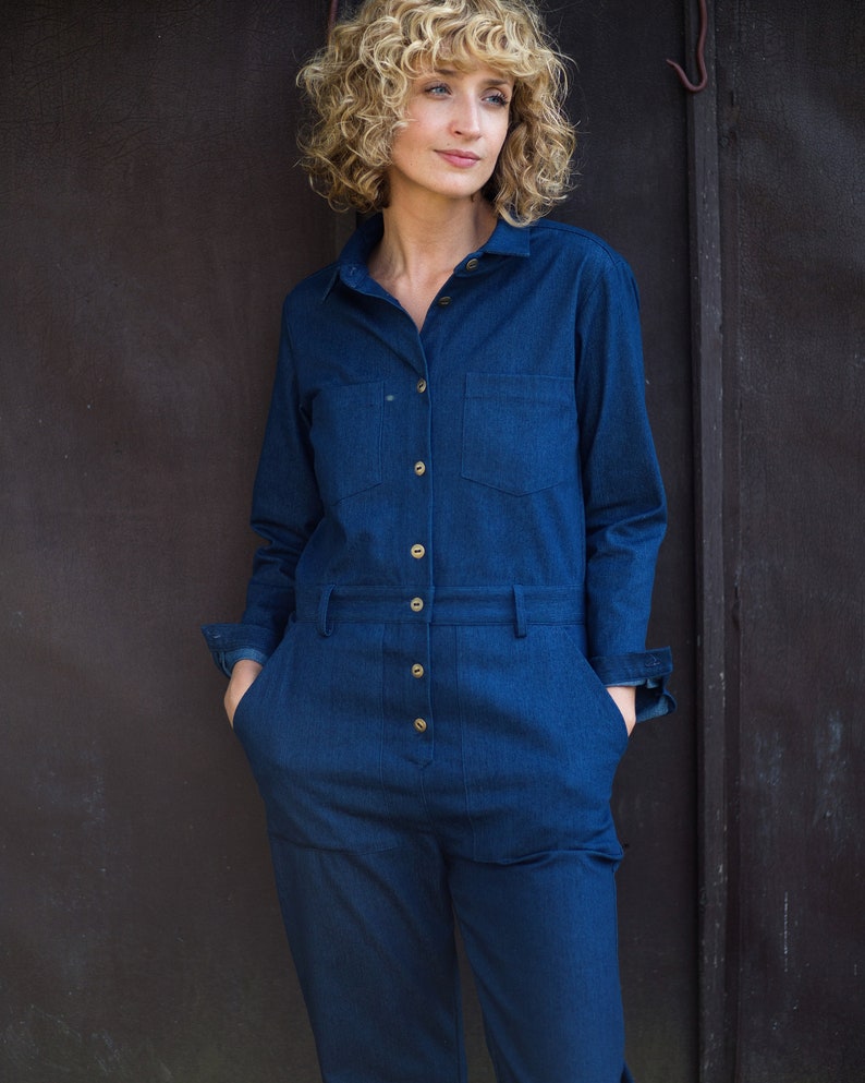 Denim relaxed silhouette jumpsuit / Denim long sleeve coverall / OFFON CLOTHING image 9