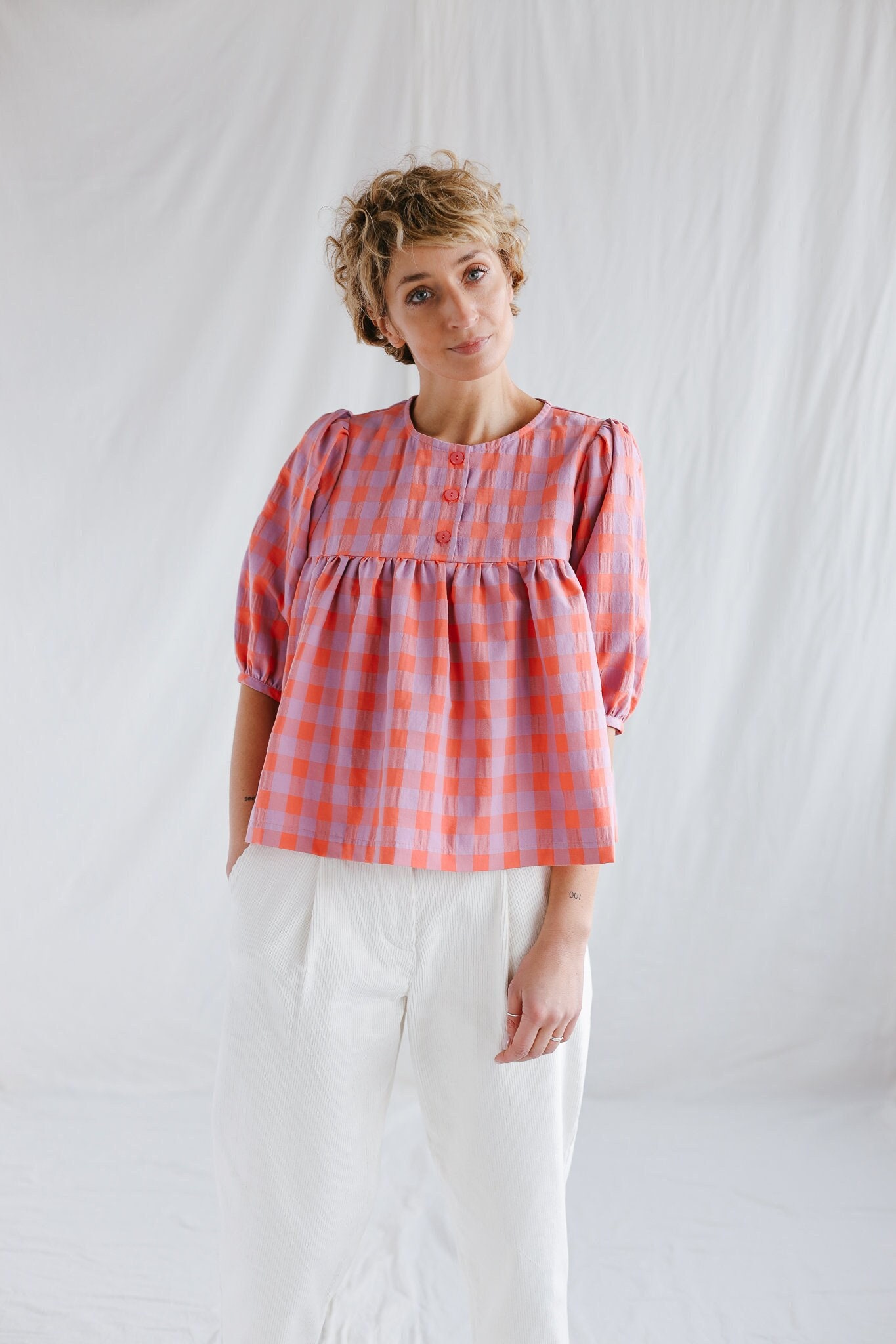 Verah Tie Up Puff Sleeve Top Navy Check | Princess Polly USA