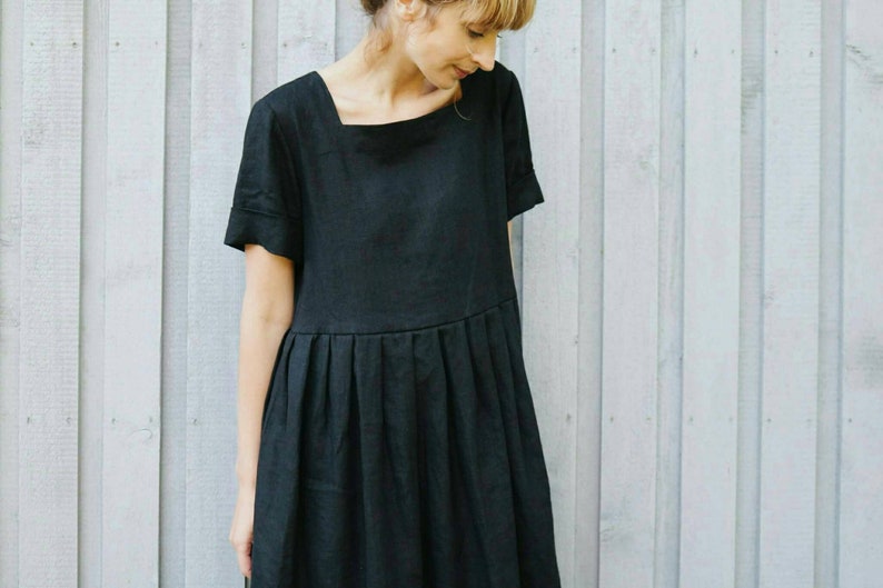 Black linen square neck oversized dress Handmade by OFFON image 2