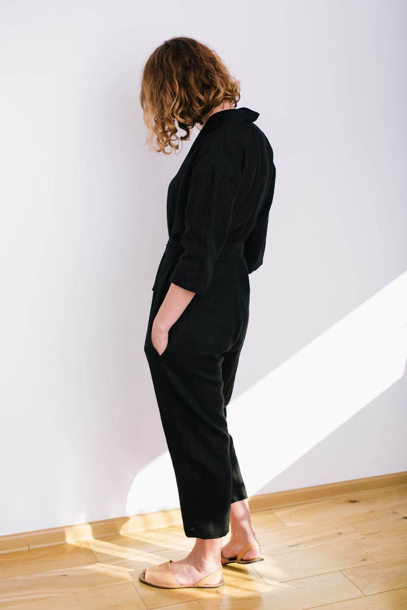 Black Jumpsuit Linen Overall Linen Jumpsuit Linen Romper Women Overall Handmade by OFFON image 5