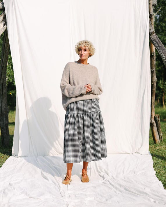 Elasticated Waist Tiered Seersucker Gingham Skirt • OFFON