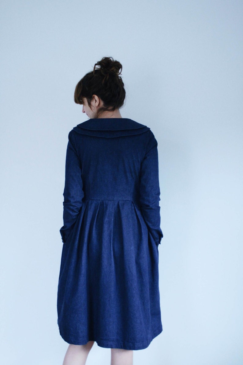 Denim Dress Indigo Dress Double Collar Dress Full Gathered Skirt Dress Handmade by OffOn image 4