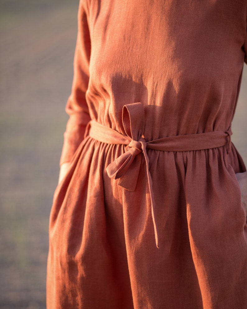Linen midi dress in redwood Linen dress with a tie belt / OFFON CLOTHING image 4