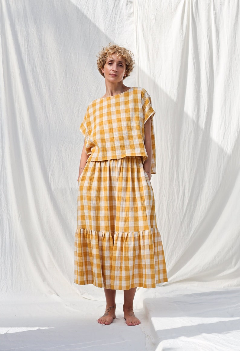 Double gauze mustard checks skirt with elastic waistband OFFON CLOTHING image 2