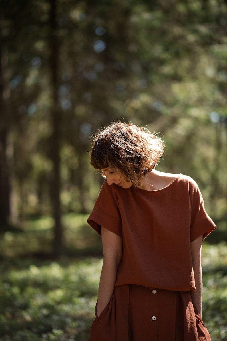 Linen Relaxed Fit Top / Redwood Short Sleeve Linen Blouse / Handmade by OFFON