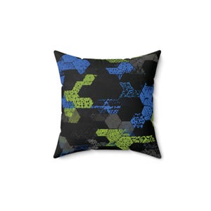 Kussen met geometrisch zeshoekig patroon | Blauwgroen pixelontwerp