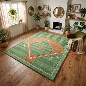Hand Tufted Baseball Field Rug, Sports Area Rug, Baseball Fan Decor, Wool Game Room Carpet, Kids Bedroom Rug, Custom Size Rug