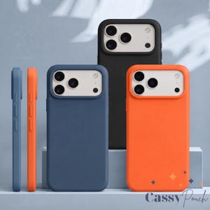 May include: A collection of smartphone cases in black, navy blue, and bright orange. Each case features a raised camera cutout area with a white border and three circular lens openings. Two side profiles are shown, displaying button placements.