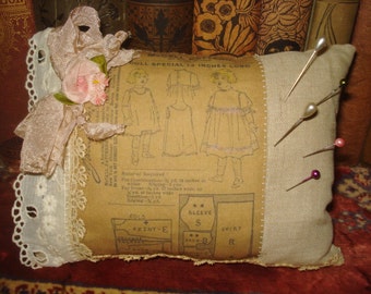 OOAK Handmade Linen PINCUSHION Antique Doll Clothes Pattern Image Silk Flower