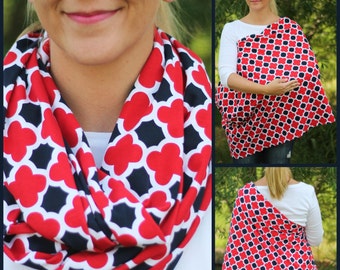 Red and Navy Quatrefoil Nursing Scarf Premium Fabric/ Hold Me Close Nursing Scarf / Finished Edge, Nursing Cover, Nursing Poncho