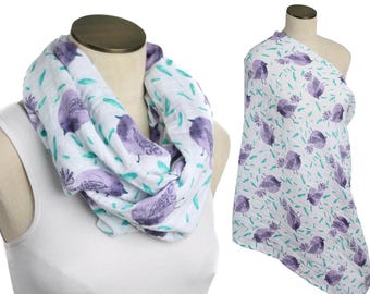 SALE! Purple Bird and Teal 100% Cotton Muslin Gauze Hold Me Close Nursing Scarf, Nursing Cover, Infinity Scarf, Nursing Poncho