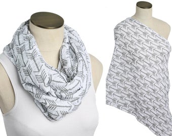 Gray Arrows on white 100% Cotton Muslin Gauze Hold Me Close Nursing Scarf, Nursing Cover, Infinity Scarf, Nursing Poncho