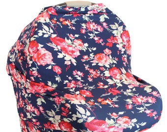 Navy Floral with Red Flowers Hold Me Close Stretchy Carseat Cover and Nursing Poncho all in one - Full Coverage Nursing Cover