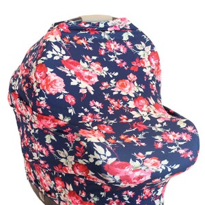 Navy Floral with Red Flowers Hold Me Close Stretchy Carseat Cover and Nursing Poncho all in one - Full Coverage Nursing Cover