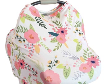 Floral White with Pink Flowers Hold Me Close Stretchy Carseat Cover and Nursing Poncho all in one - Full Coverage Nursing Cover