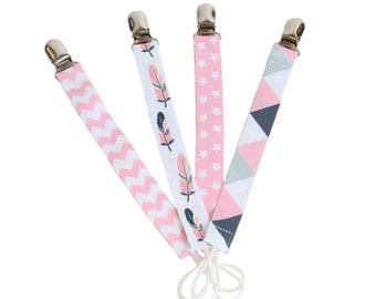 Set of 4 Pink, Gray, & White Hold Me Close Pacifier Clips, Binky Clips