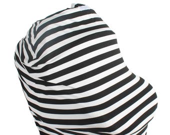 Black and White Stripe Hold Me Close Stretchy Carseat Cover and Nursing Poncho all in one - Full Coverage Nursing Cover