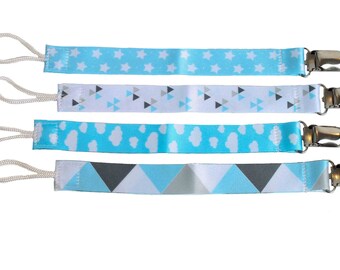 Set of 4 Blue, White and Gray Hold Me Close Pacifier Clips, Binky Clips Boys pacifier clip