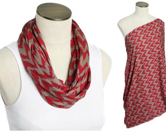 Super SALE! Tan and Red Jagged Chevron Print Hold Me Close Nursing Scarf - Nursing Cover - Infinity Nursing Scarf - Nursing Poncho