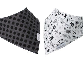 Sale Set of 2 Bandana Bibs Trendy Skulls on White & Black Polka Dots by Hold Me Close - Unisex