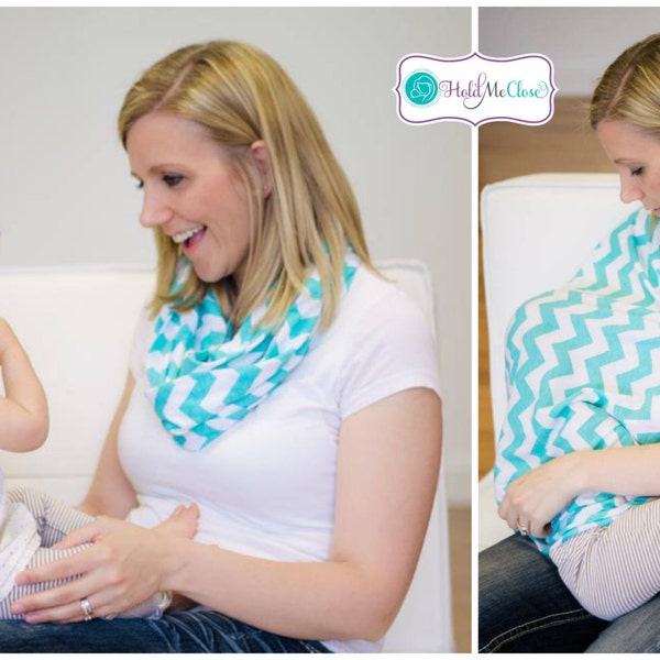 Aqua Chevron Hold Me Close Nursing Scarf, Nursing Cover, Infinity Scarf