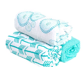 3 Pack Muslin Swaddle Blankets Aqua Bubbles with Arrows and Aqua Solid
