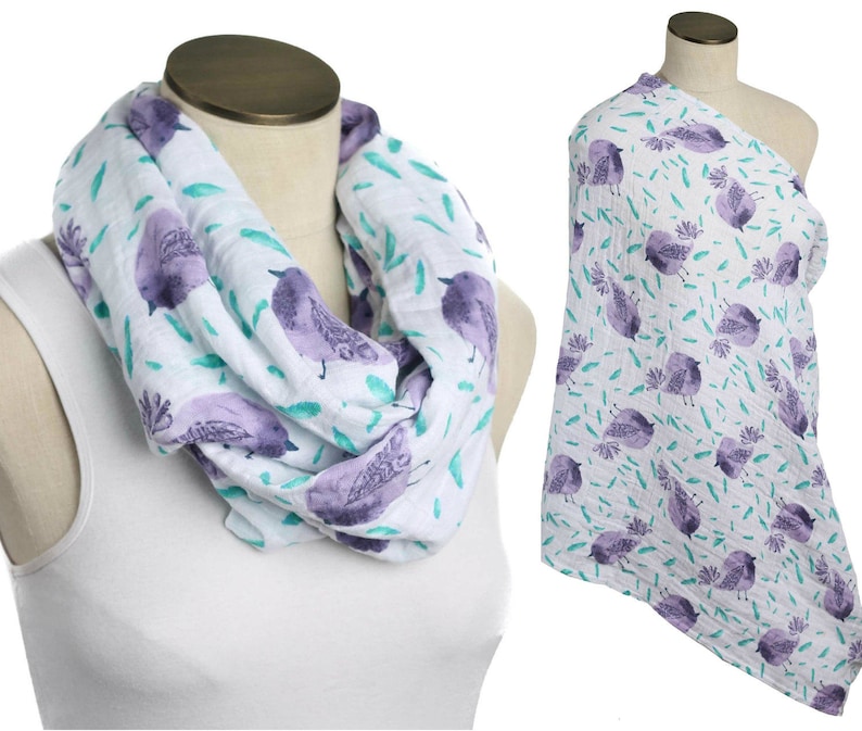 SALE Purple Bird and Teal 100 Cotton Muslin Gauze Hold Me Close