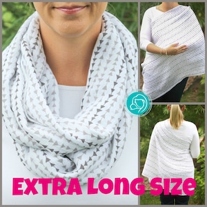 May include: A white and gray triangle patterned infinity scarf. The scarf is wrapped around a person's neck. The image also shows a nursing cover with a similar pattern. The text "EXTRA LONG SIZE" is at the bottom of the image.
